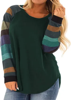 ROSRISS Womens Plus Size Long Sleeve Tunic Crewneck Colorblock Striped Tee Shirt