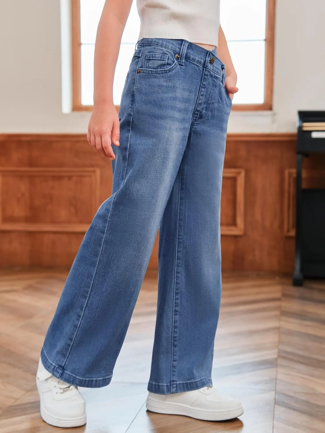 rrhss Girls Flare Jeans Crossover Waisted Wide Leg Jeans Denim Pants for Kids