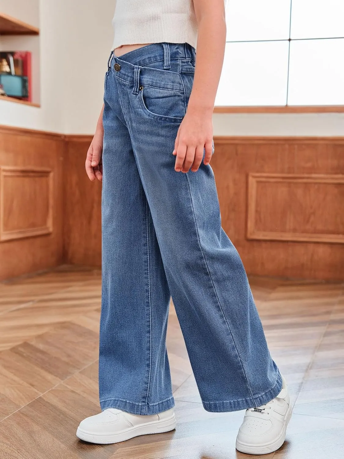 rrhss Girls Flare Jeans Crossover Waisted Wide Leg Jeans Denim Pants for Kids