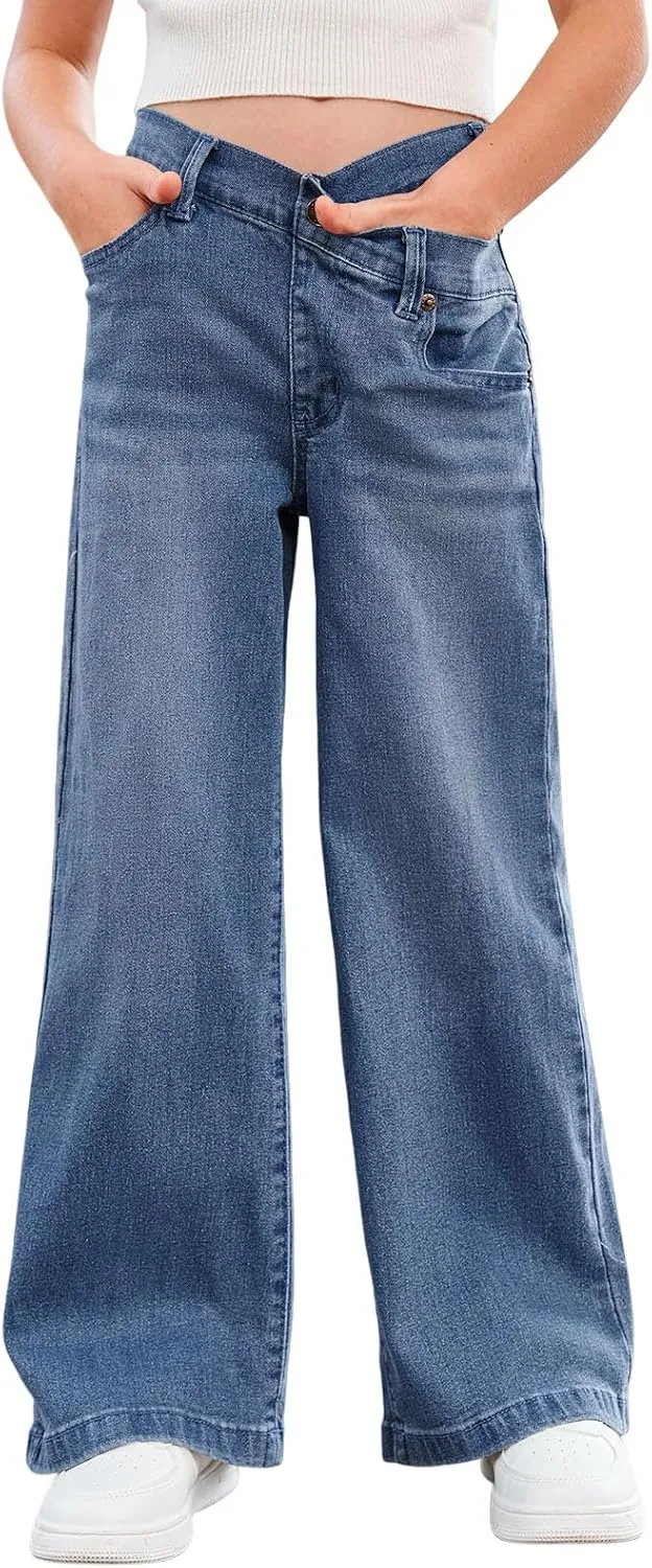 rrhss Girls Flare Jeans Crossover Waisted Wide Leg Jeans Denim Pants for Kids
