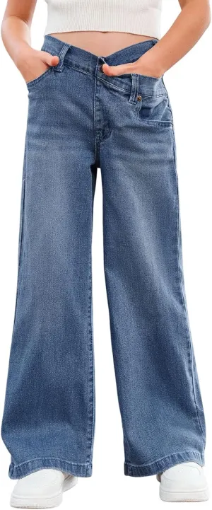 rrhss Girls Flare Jeans Crossover Waisted Wide Leg Jeans Denim Pants for Kids