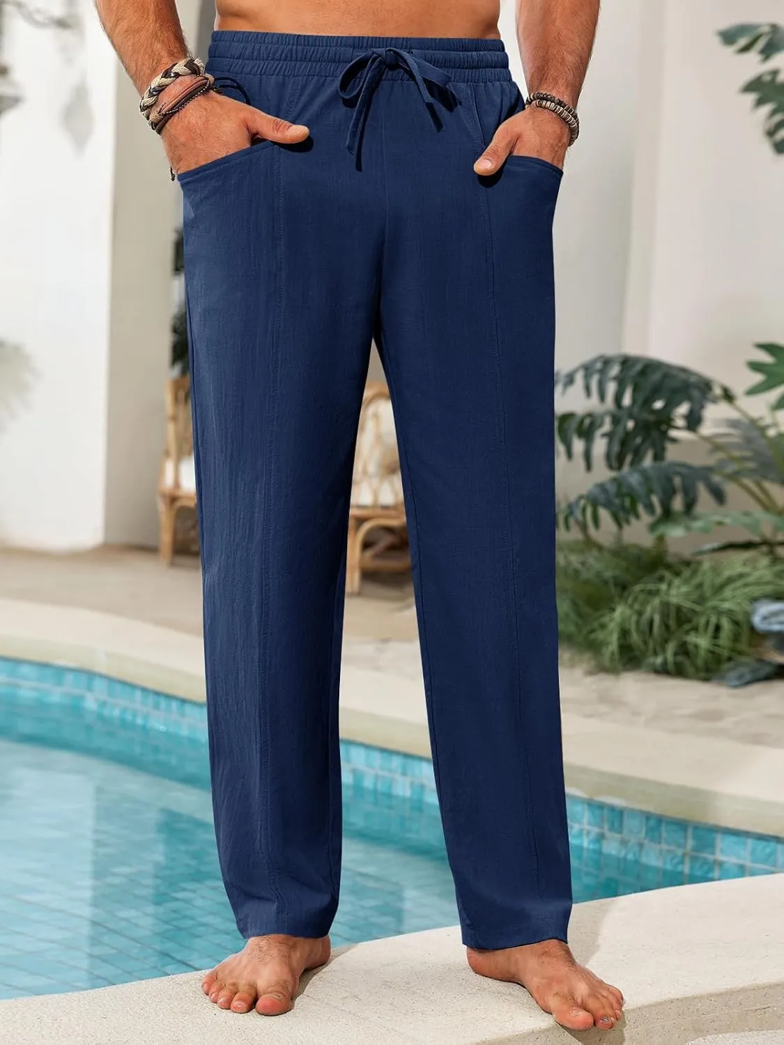 Runcati Mens Casual Pants Elastic Waist Drawstring Cotton Linen Pants Yoga Beach Summer Lightweight Trousers