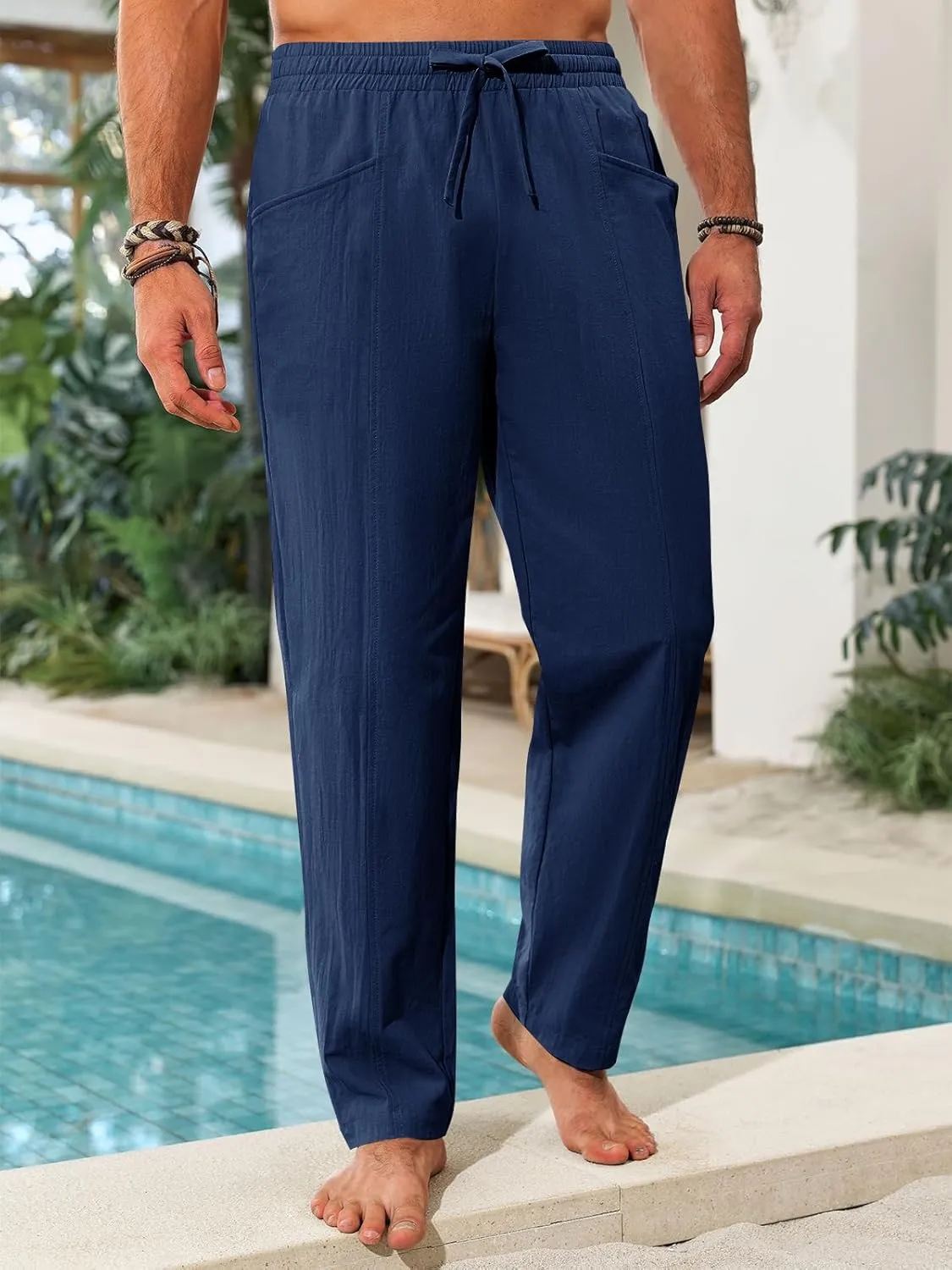 Runcati Mens Casual Pants Elastic Waist Drawstring Cotton Linen Pants Yoga Beach Summer Lightweight Trousers