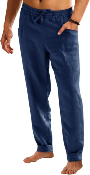 Runcati Mens Casual Pants Elastic Waist Drawstring Cotton Linen Pants Yoga Beach Summer Lightweight Trousers