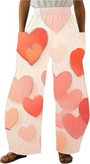 Ruziyoog Valentine Day Pants for for Women Casual High Waist Wide Leg Pants Heart Print Long Palazzo Pants Lounge Trousers