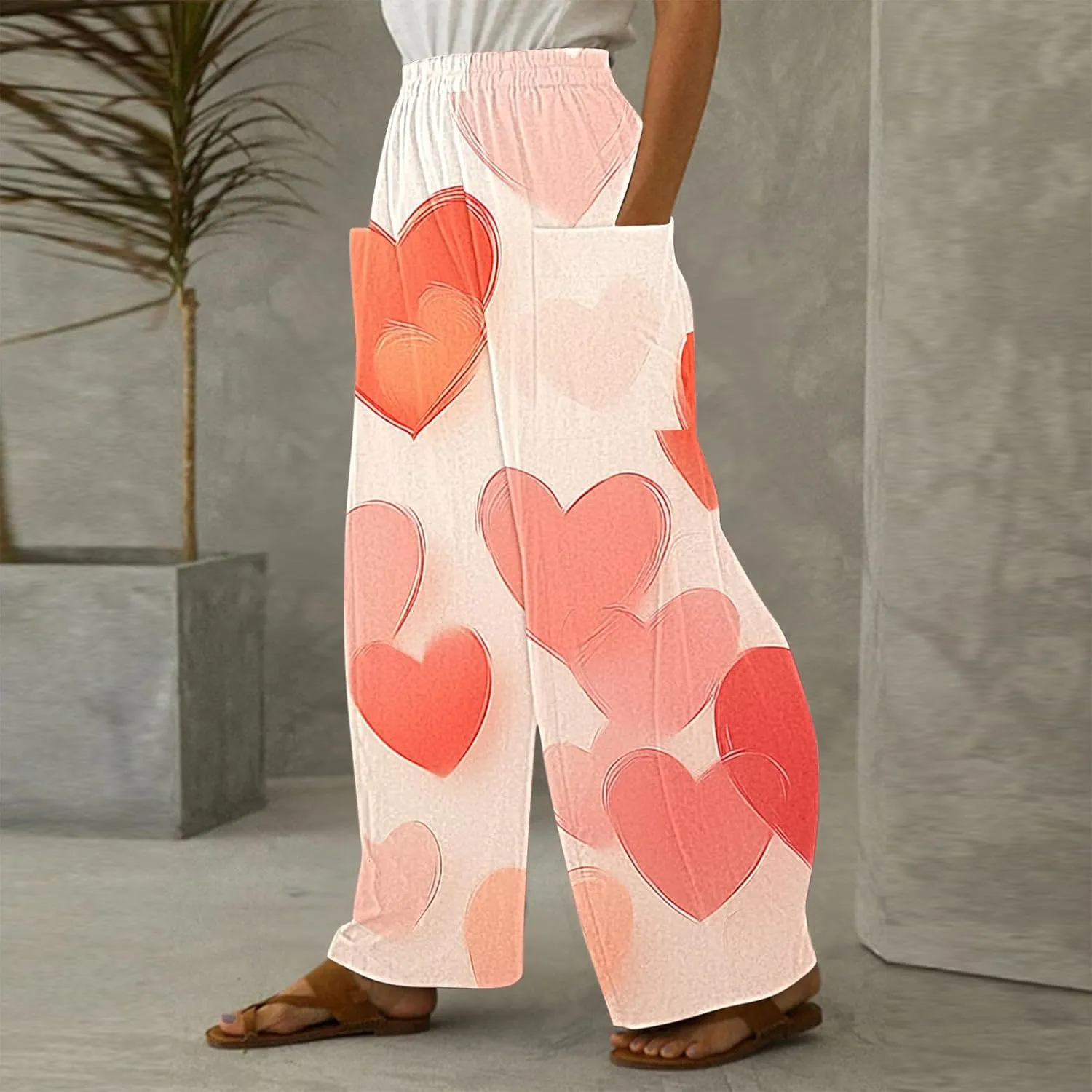 Ruziyoog Valentine Day Pants for for Women Casual High Waist Wide Leg Pants Heart Print Long Palazzo Pants Lounge Trousers