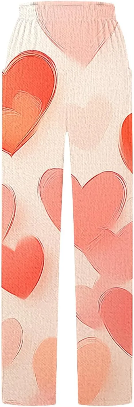 Ruziyoog Valentine Day Pants for for Women Casual High Waist Wide Leg Pants Heart Print Long Palazzo Pants Lounge Trousers