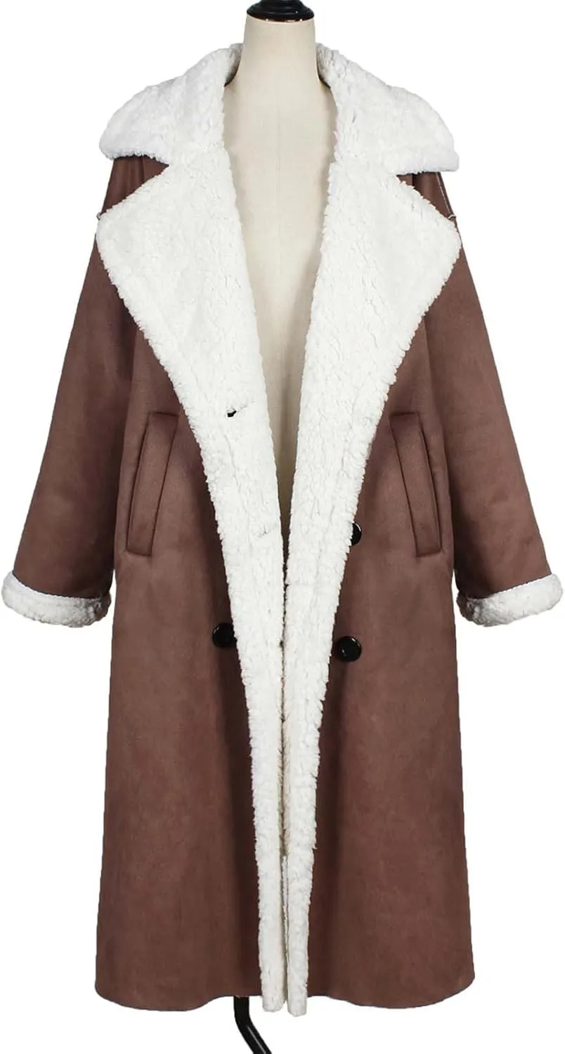 SACFOF Women Sherpa Lined Long Jacket Faux Leather Shearling Jacket Fur Collar Long Trench Coats Winter Lapel Fleece Coat