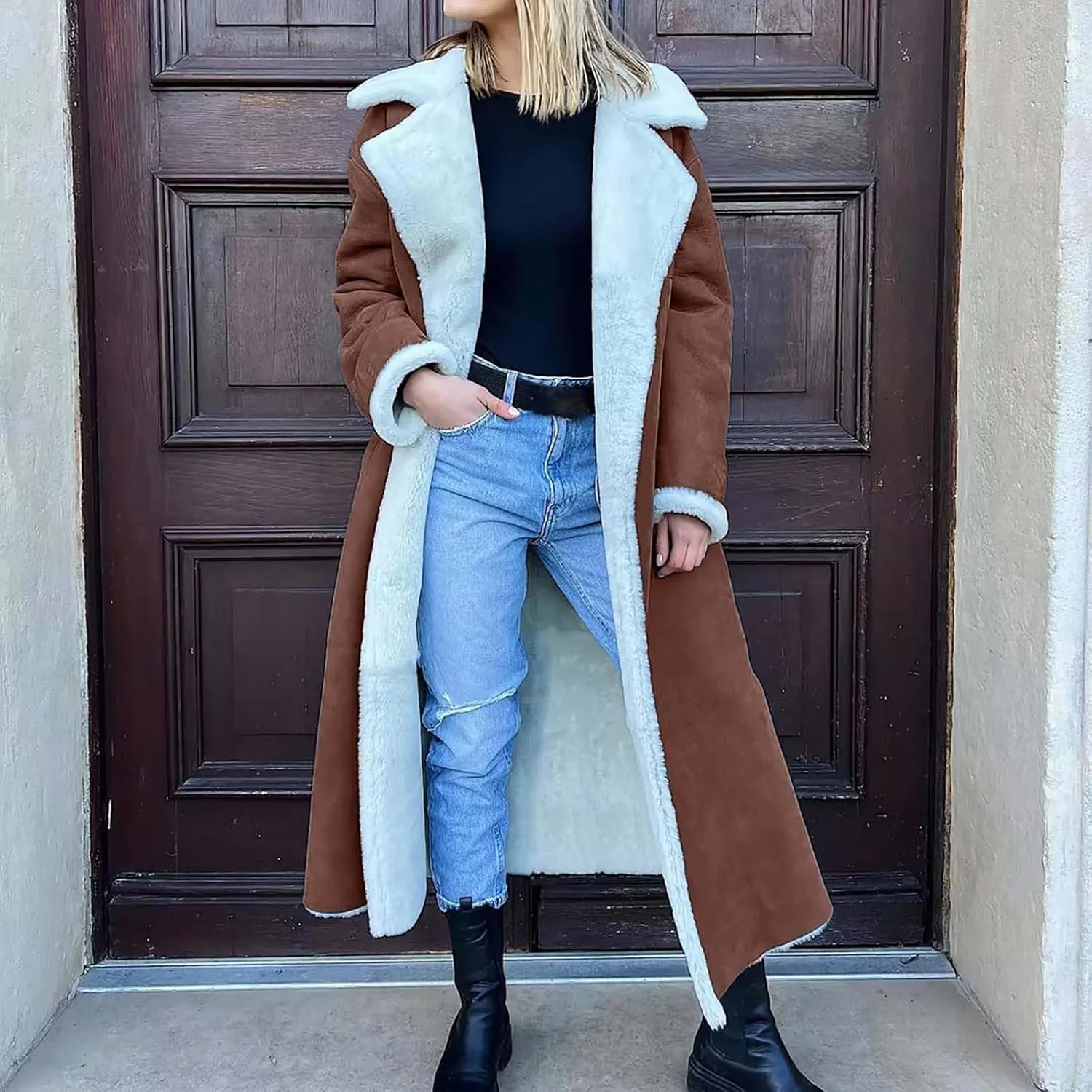 SACFOF Women Sherpa Lined Long Jacket Faux Leather Shearling Jacket Fur Collar Long Trench Coats Winter Lapel Fleece Coat