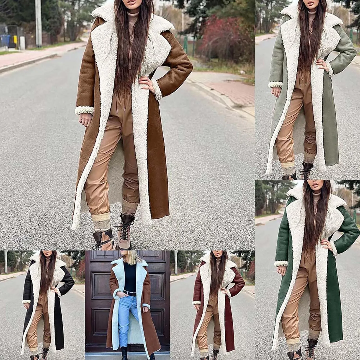 SACFOF Women Sherpa Lined Long Jacket Faux Leather Shearling Jacket Fur Collar Long Trench Coats Winter Lapel Fleece Coat