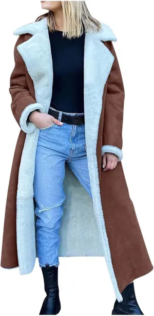 SACFOF Women Sherpa Lined Long Jacket Faux Leather Shearling Jacket Fur Collar Long Trench Coats Winter Lapel Fleece Coat