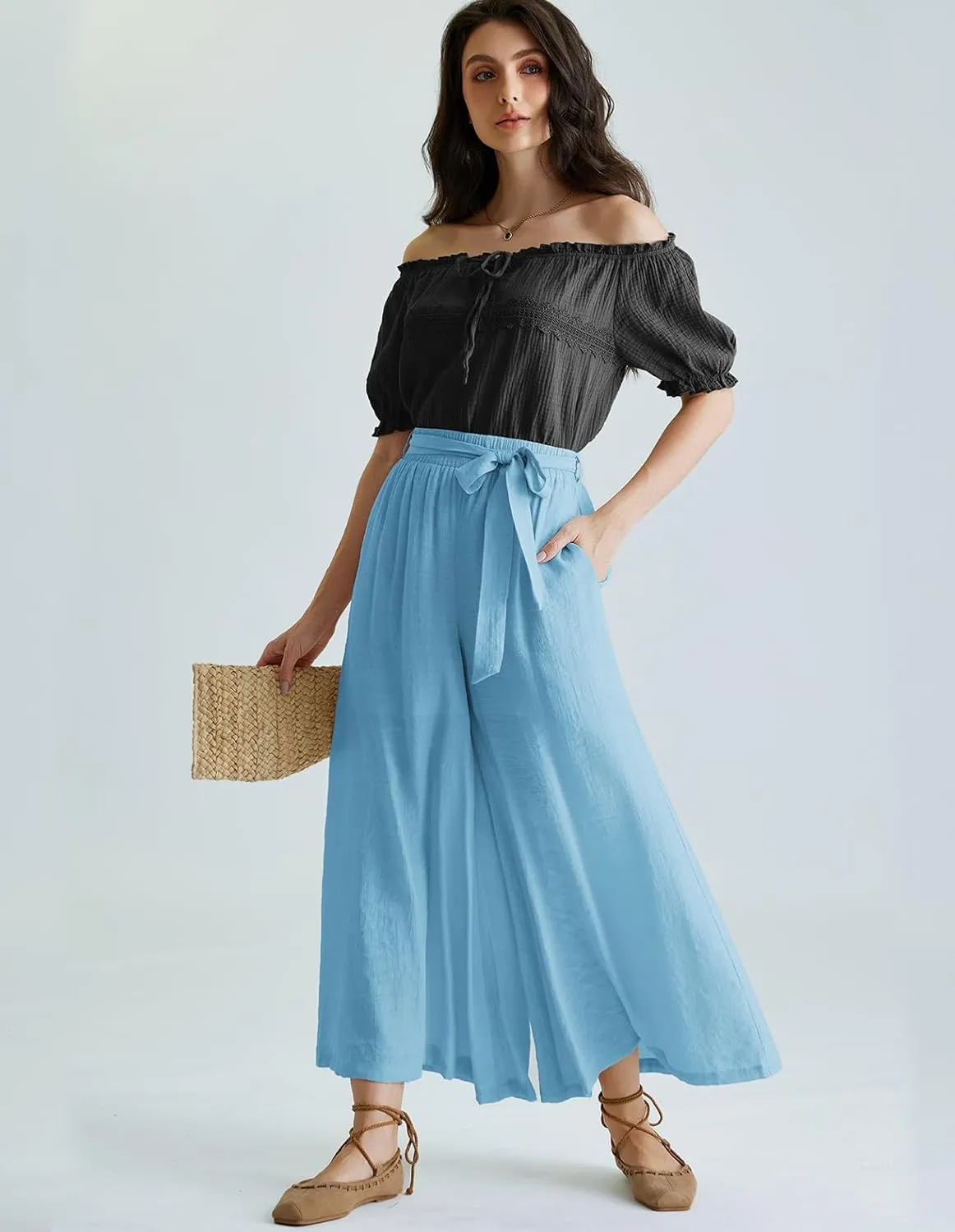 Scarlet Darkness Palazzo Pants for Women Summer Boho High Waisted Wide Leg Pants with Pockets