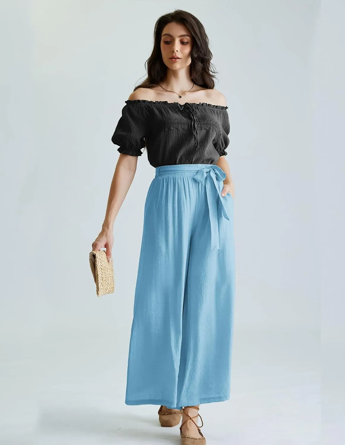 Scarlet Darkness Palazzo Pants for Women Summer Boho High Waisted Wide Leg Pants with Pockets