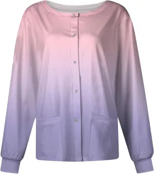 Scrub Jacket for Women Stretchy Patterned Long Sleeve Scrubs Uniforms Button Down Nursing Shirt with Pockets 5xl