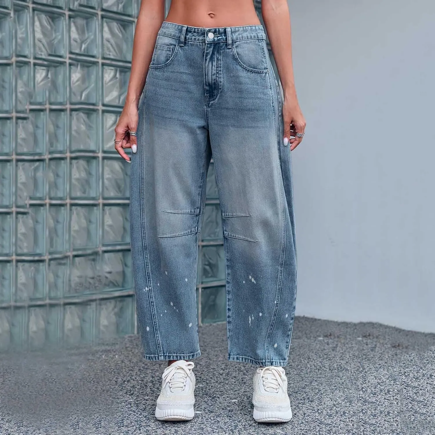 sdbrld Jeans for Women Trendy Mid Rise Barrel Jeans Wide Leg Mid Waist Cropped Denim Pants Baggy Boyfriend Jeans with Pockets