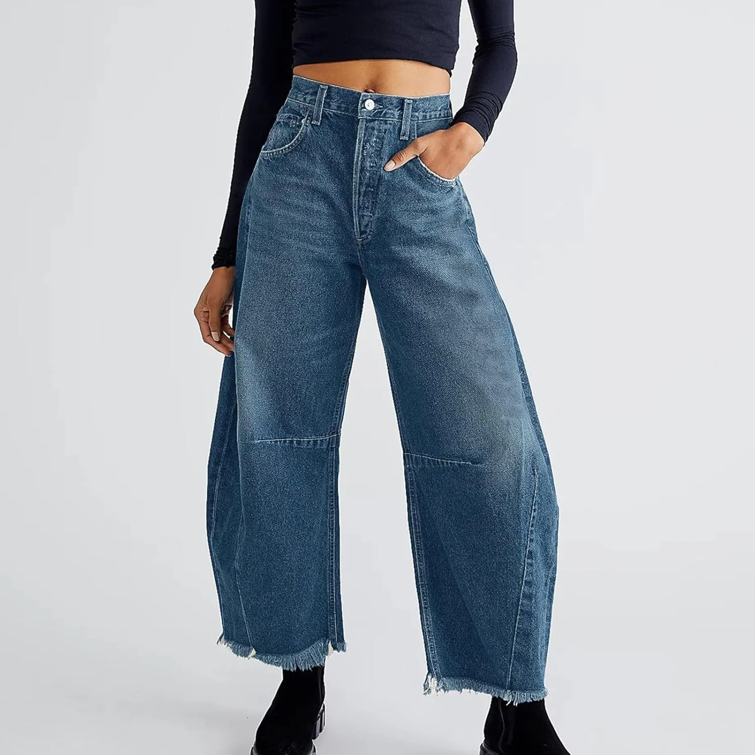 sdbrld Jeans for Women Trendy Mid Rise Barrel Jeans Wide Leg Mid Waist Cropped Denim Pants Baggy Boyfriend Jeans with Pockets