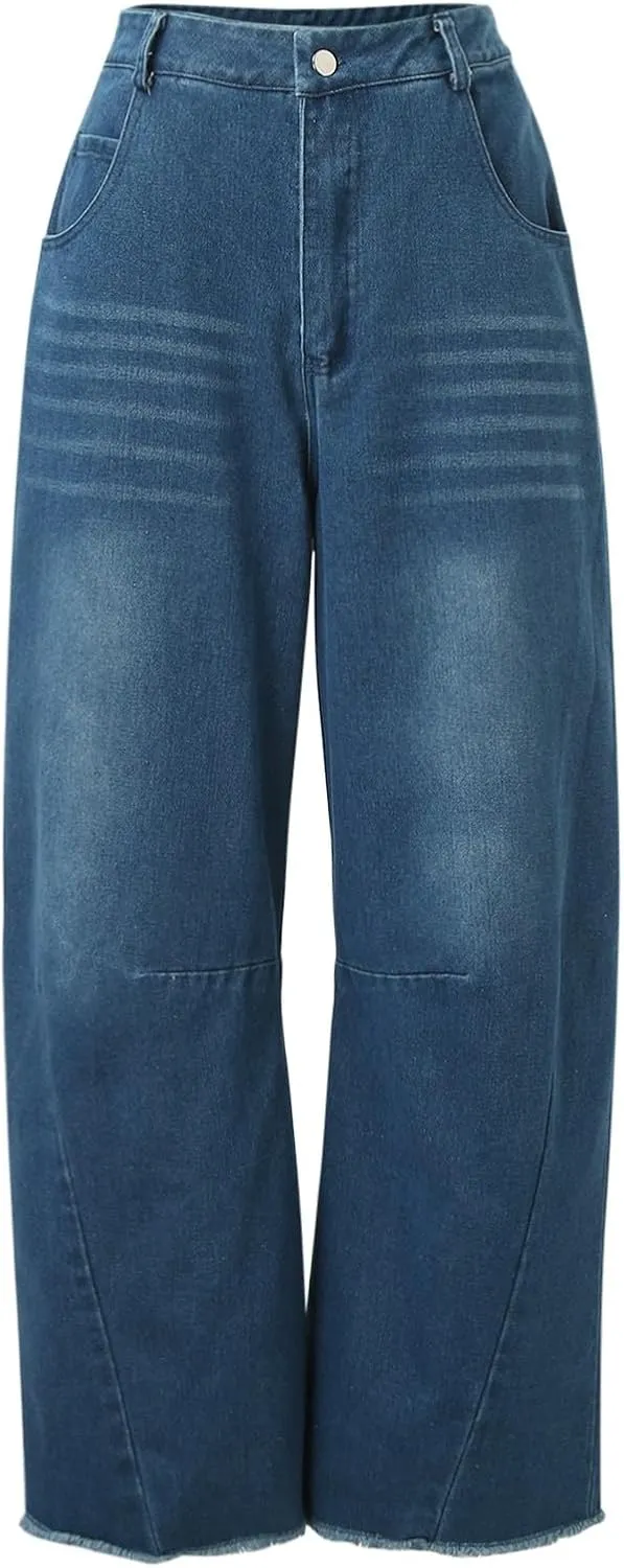 sdbrld Jeans for Women Trendy Mid Rise Barrel Jeans Wide Leg Mid Waist Cropped Denim Pants Baggy Boyfriend Jeans with Pockets