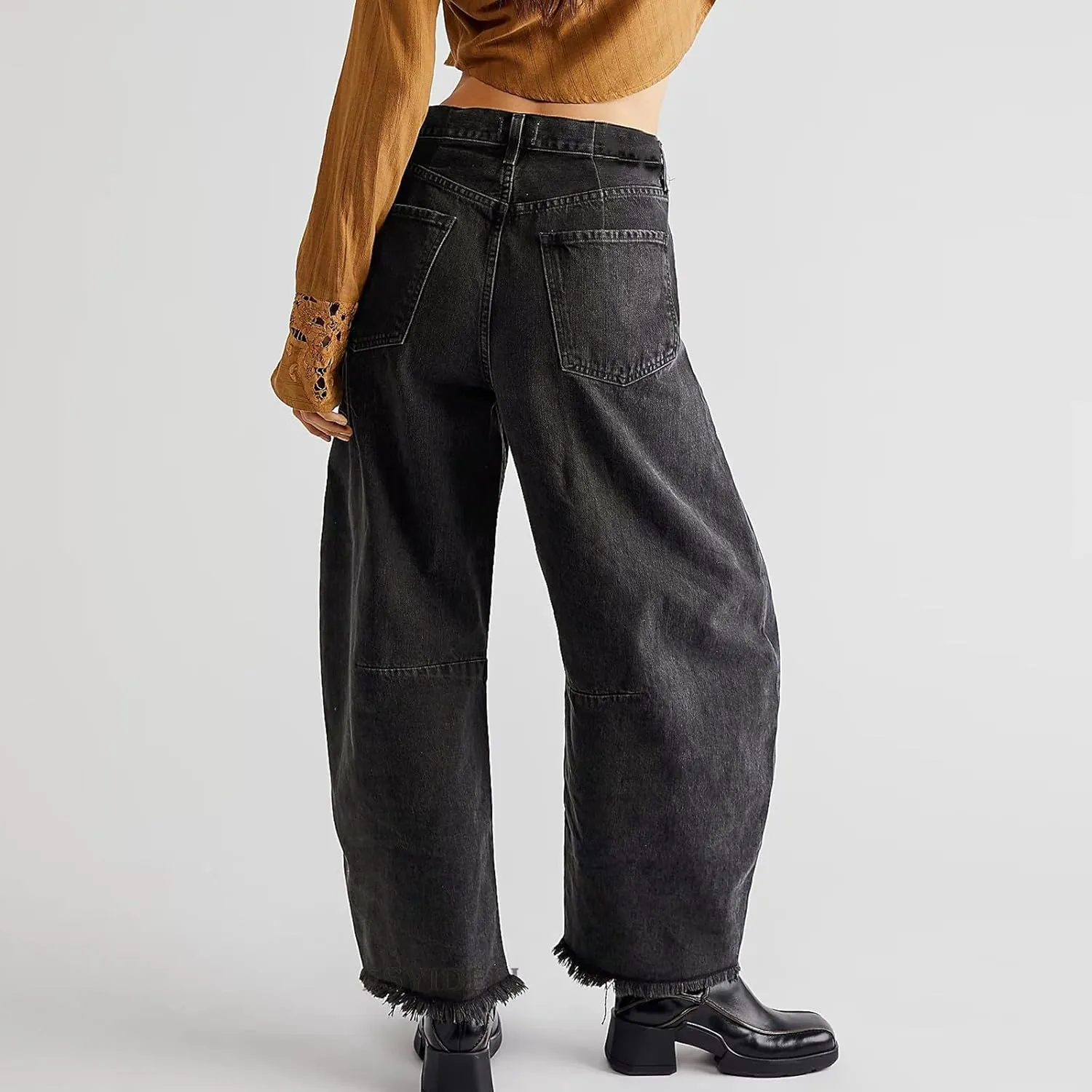 sdbrld Jeans for Women Trendy Mid Rise Barrel Jeans Wide Leg Mid Waist Cropped Denim Pants Baggy Boyfriend Jeans with Pockets