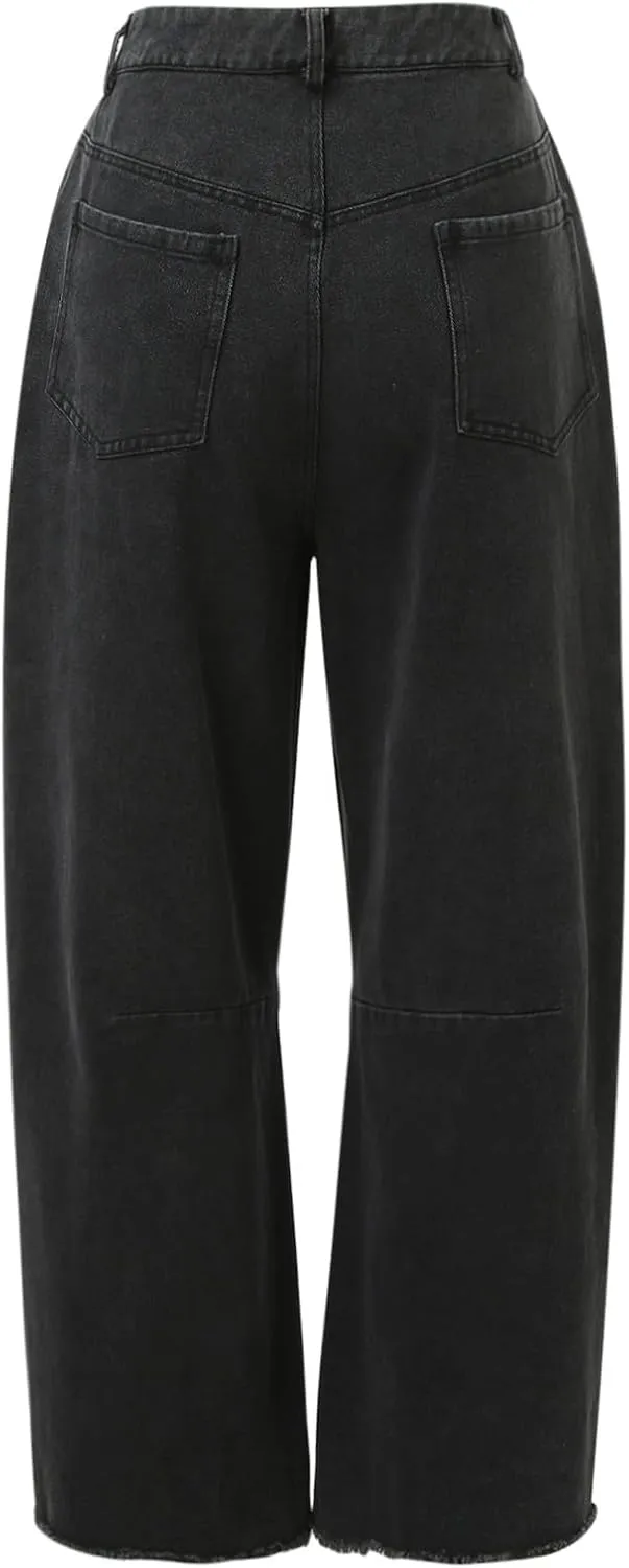 sdbrld Jeans for Women Trendy Mid Rise Barrel Jeans Wide Leg Mid Waist Cropped Denim Pants Baggy Boyfriend Jeans with Pockets