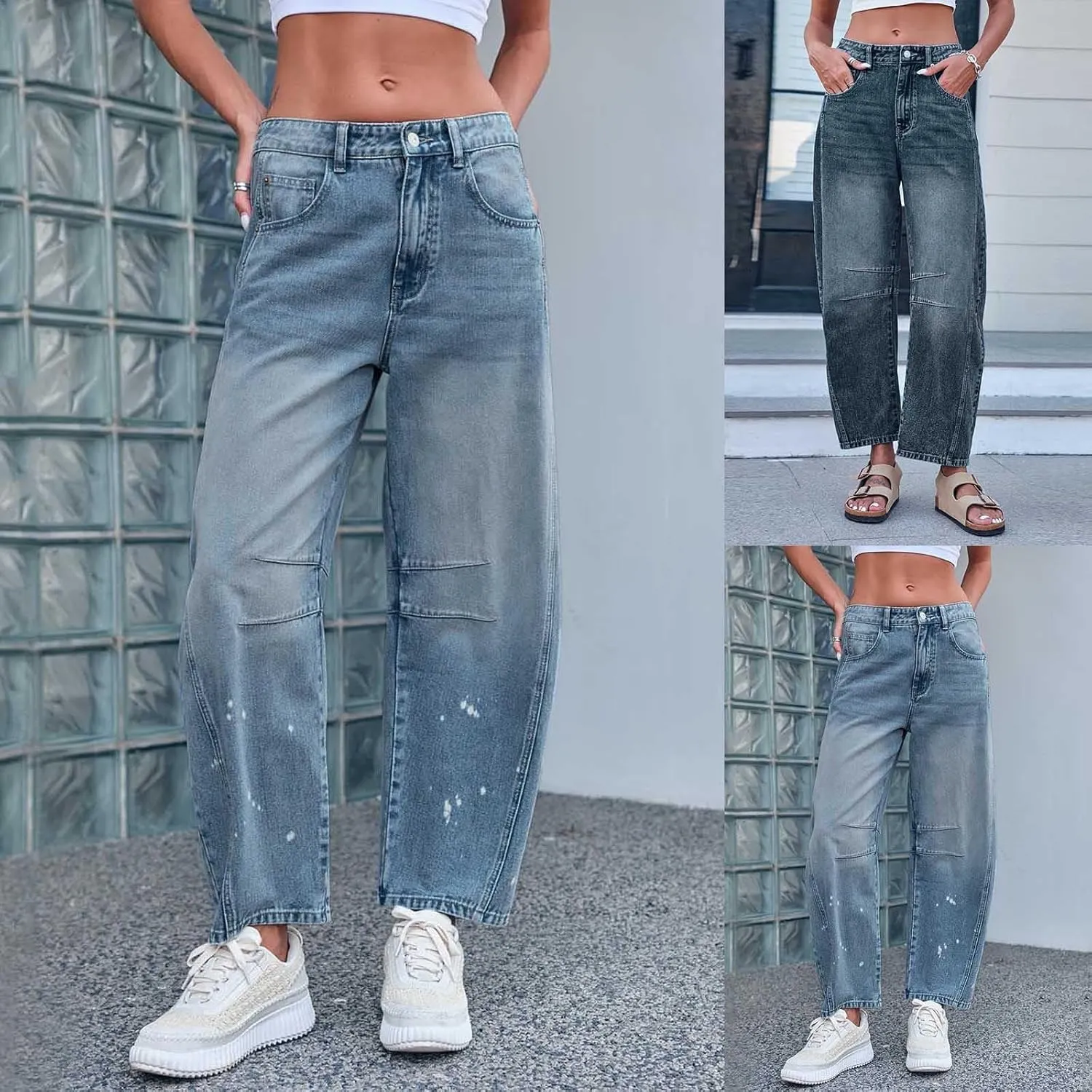 sdbrld Jeans for Women Trendy Mid Rise Barrel Jeans Wide Leg Mid Waist Cropped Denim Pants Baggy Boyfriend Jeans with Pockets