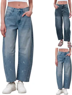 sdbrld Jeans for Women Trendy Mid Rise Barrel Jeans Wide Leg Mid Waist Cropped Denim Pants Baggy Boyfriend Jeans with Pockets
