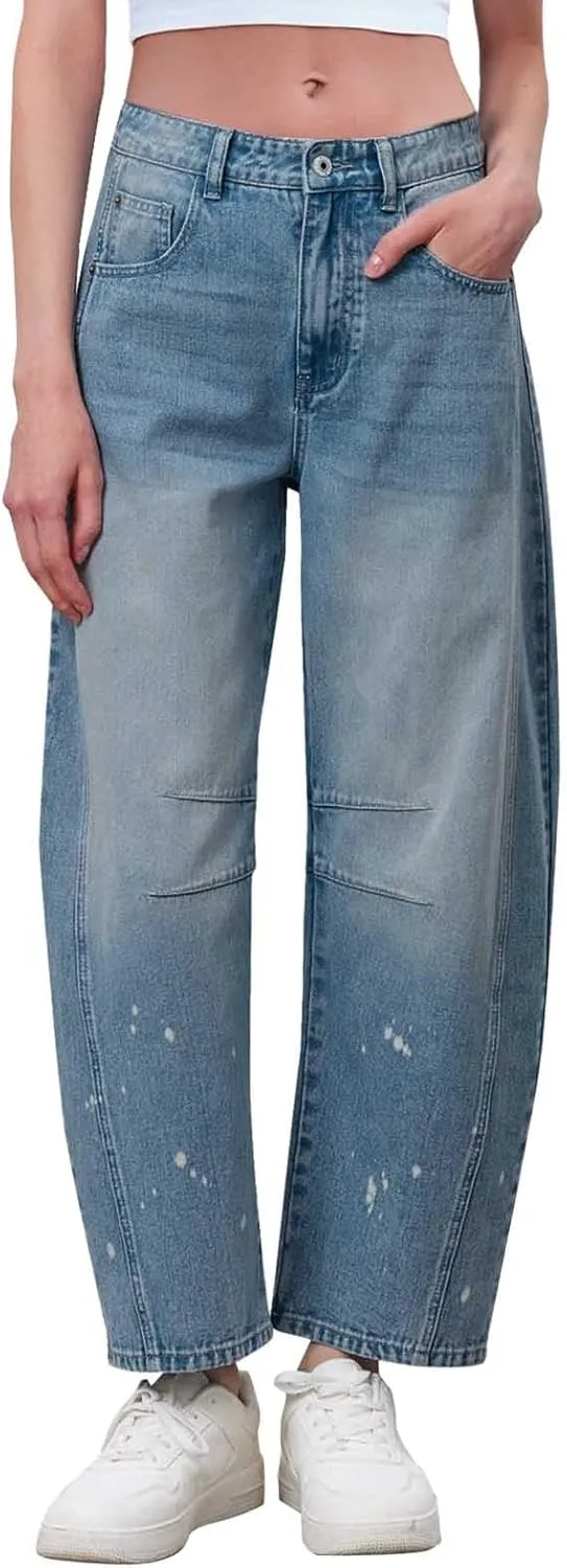 sdbrld Jeans for Women Trendy Mid Rise Barrel Jeans Wide Leg Mid Waist Cropped Denim Pants Baggy Boyfriend Jeans with Pockets