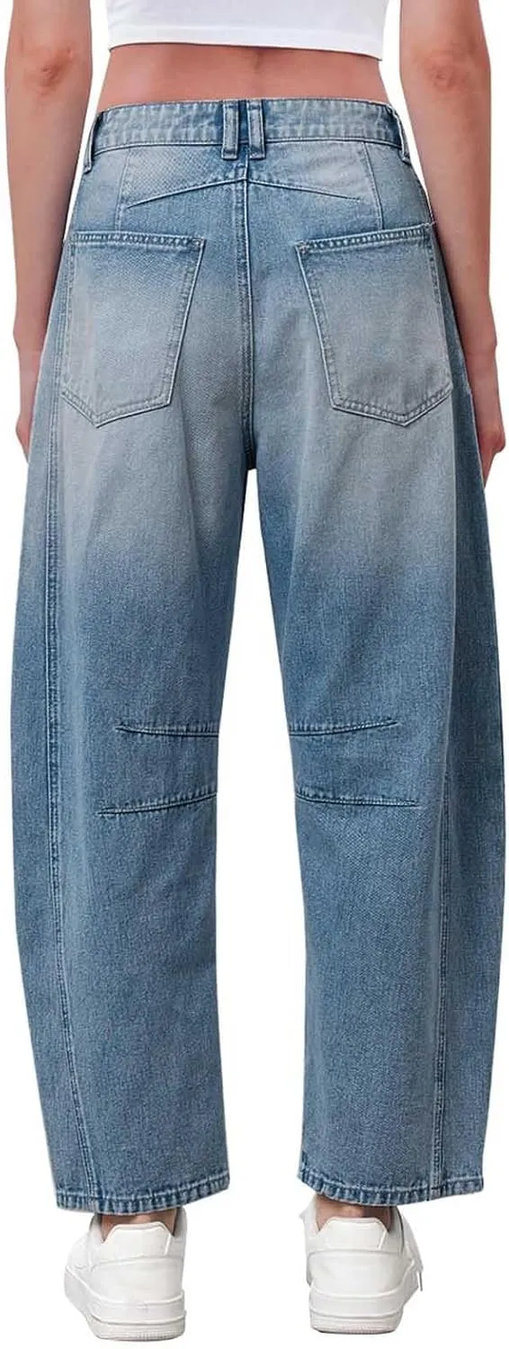 sdbrld Jeans for Women Trendy Mid Rise Barrel Jeans Wide Leg Mid Waist Cropped Denim Pants Baggy Boyfriend Jeans with Pockets