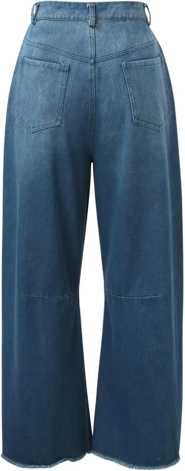 sdbrld Jeans for Women Trendy Mid Rise Barrel Jeans Wide Leg Mid Waist Cropped Denim Pants Baggy Boyfriend Jeans with Pockets