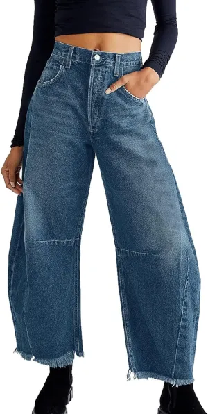 sdbrld Jeans for Women Trendy Mid Rise Barrel Jeans Wide Leg Mid Waist Cropped Denim Pants Baggy Boyfriend Jeans with Pockets