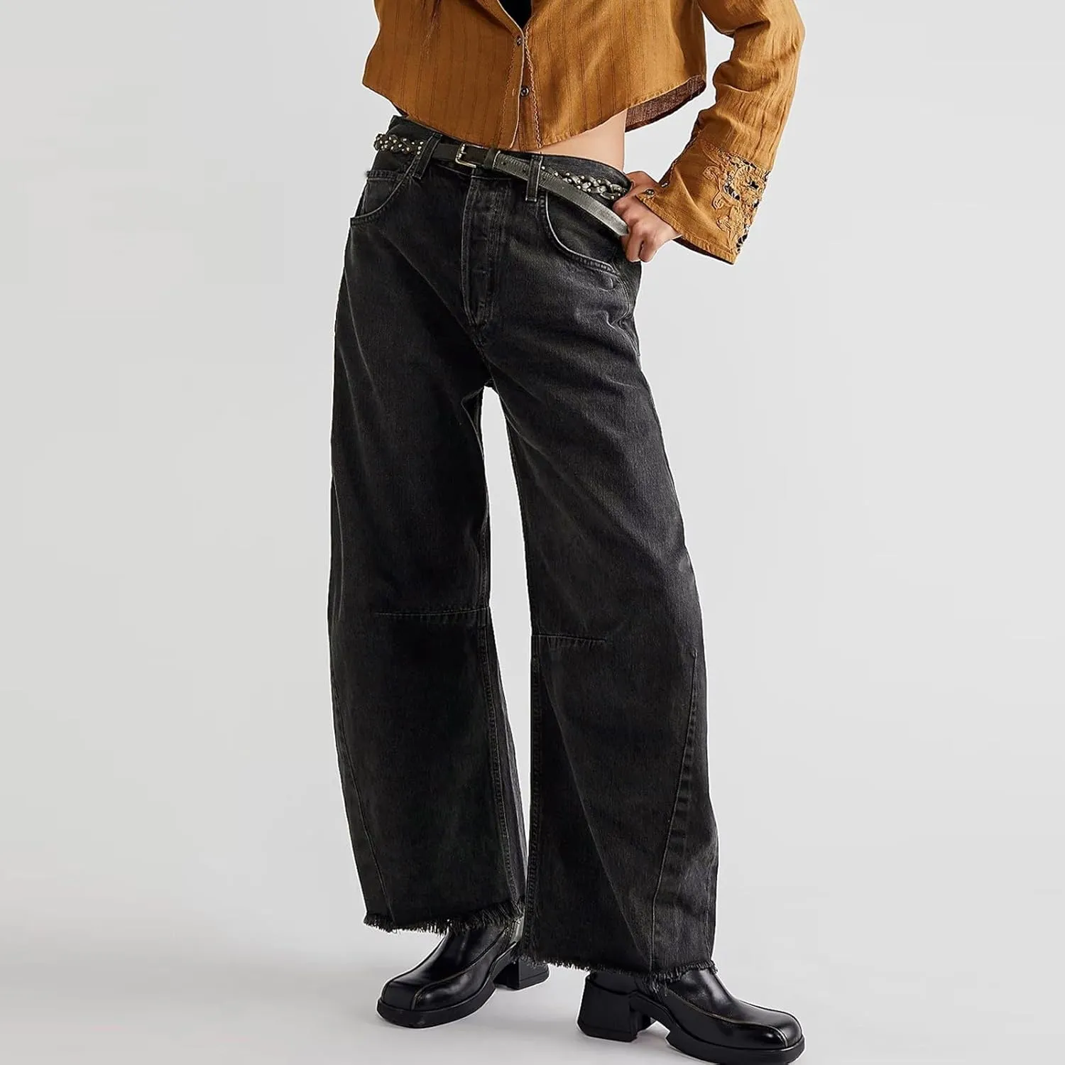 sdbrld Jeans for Women Trendy Mid Rise Barrel Jeans Wide Leg Mid Waist Cropped Denim Pants Baggy Boyfriend Jeans with Pockets