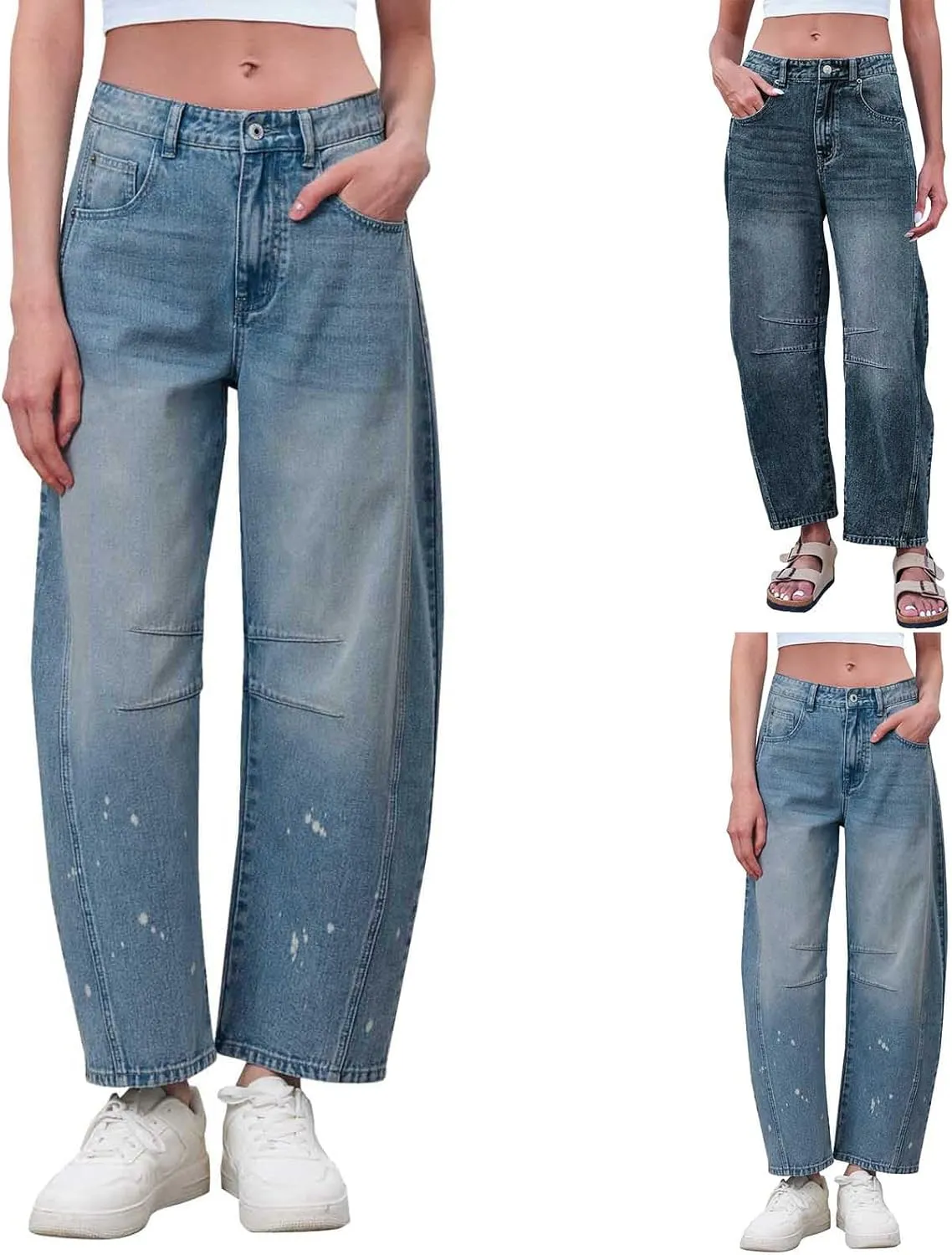 sdbrld Jeans for Women Trendy Mid Rise Barrel Jeans Wide Leg Mid Waist Cropped Denim Pants Baggy Boyfriend Jeans with Pockets