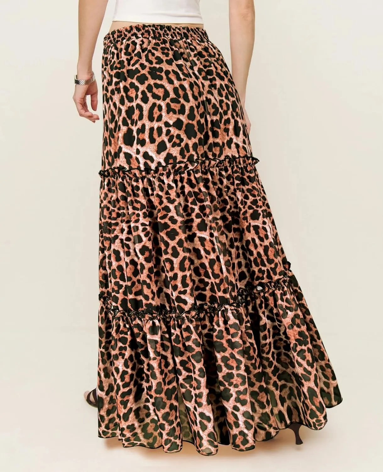 SEBOWEL Womens Leopard Print Long Skirt Cheetah Chiffon Tiered Ruffle Maxi Skirt Pleated A-Line Swing Beach Long Skirts