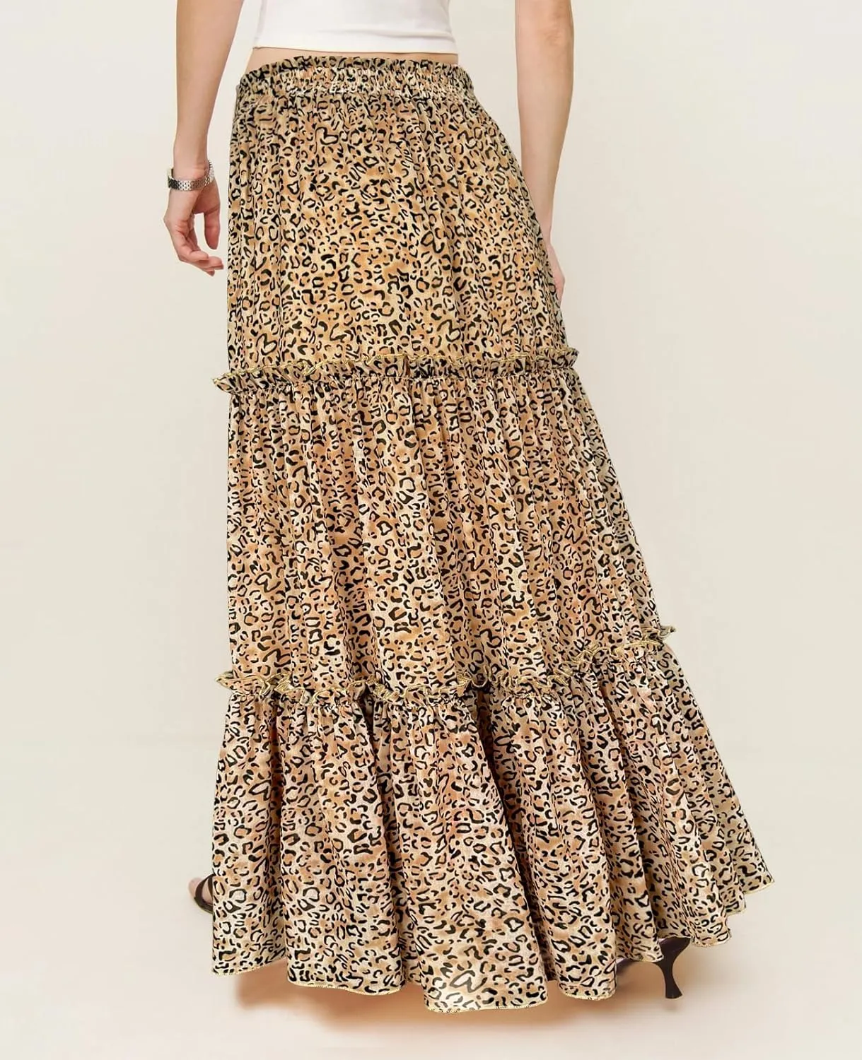 SEBOWEL Womens Leopard Print Long Skirt Cheetah Chiffon Tiered Ruffle Maxi Skirt Pleated A-Line Swing Beach Long Skirts
