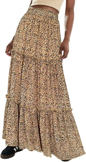 SEBOWEL Womens Leopard Print Long Skirt Cheetah Chiffon Tiered Ruffle Maxi Skirt Pleated A-Line Swing Beach Long Skirts