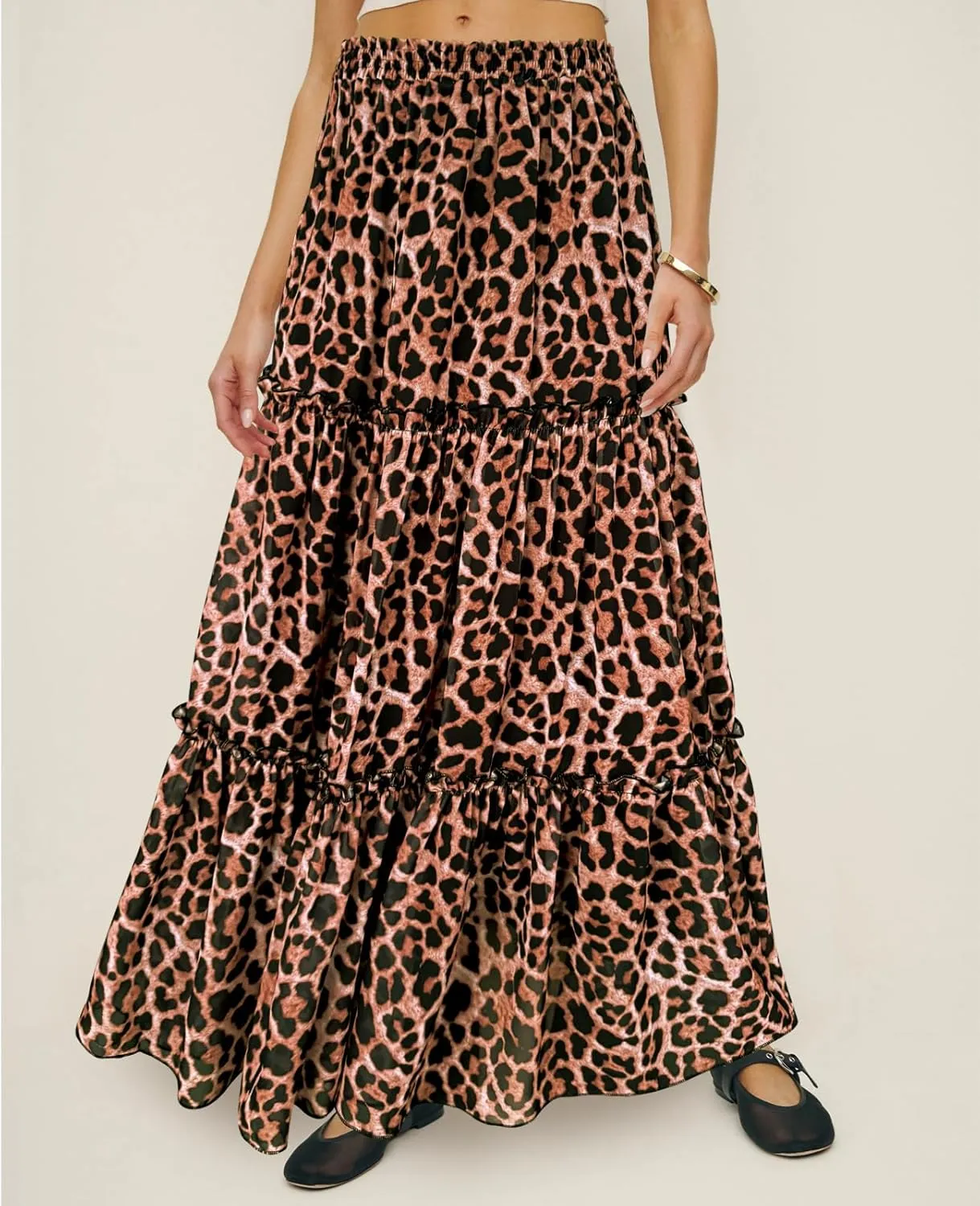 SEBOWEL Womens Leopard Print Long Skirt Cheetah Chiffon Tiered Ruffle Maxi Skirt Pleated A-Line Swing Beach Long Skirts