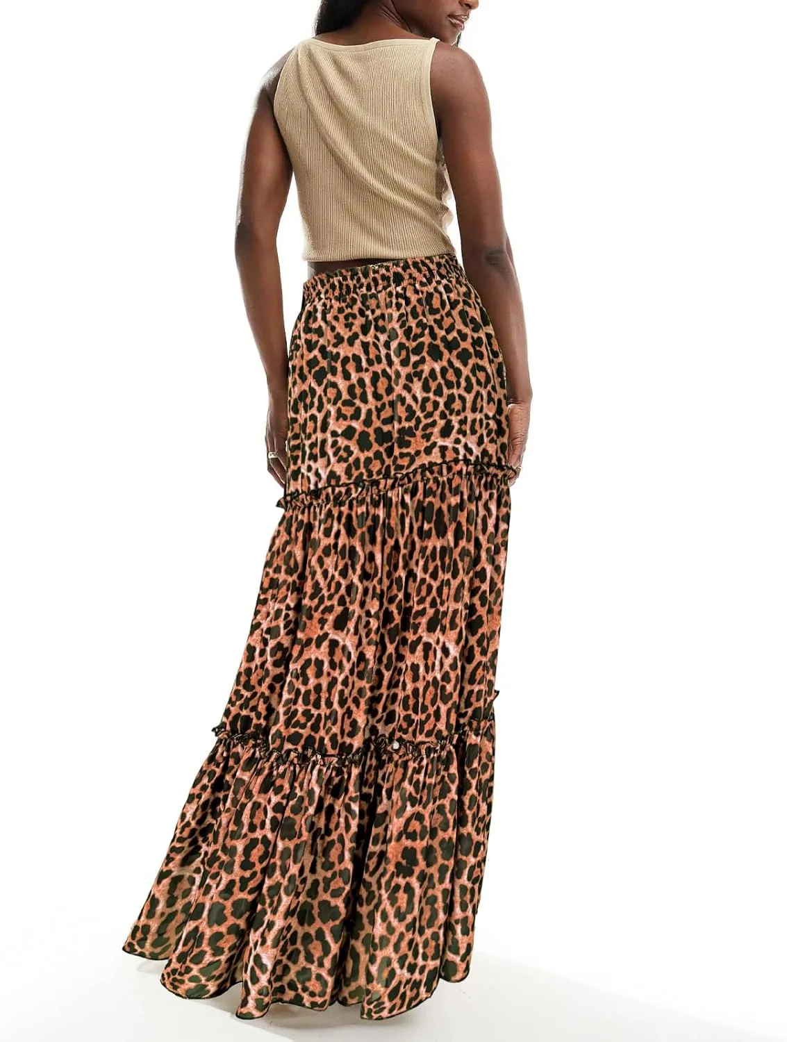 SEBOWEL Womens Leopard Print Long Skirt Cheetah Chiffon Tiered Ruffle Maxi Skirt Pleated A-Line Swing Beach Long Skirts