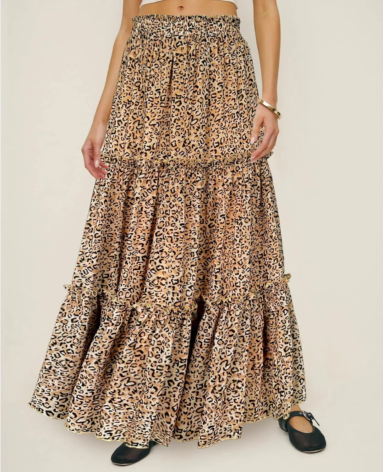 SEBOWEL Womens Leopard Print Long Skirt Cheetah Chiffon Tiered Ruffle Maxi Skirt Pleated A-Line Swing Beach Long Skirts