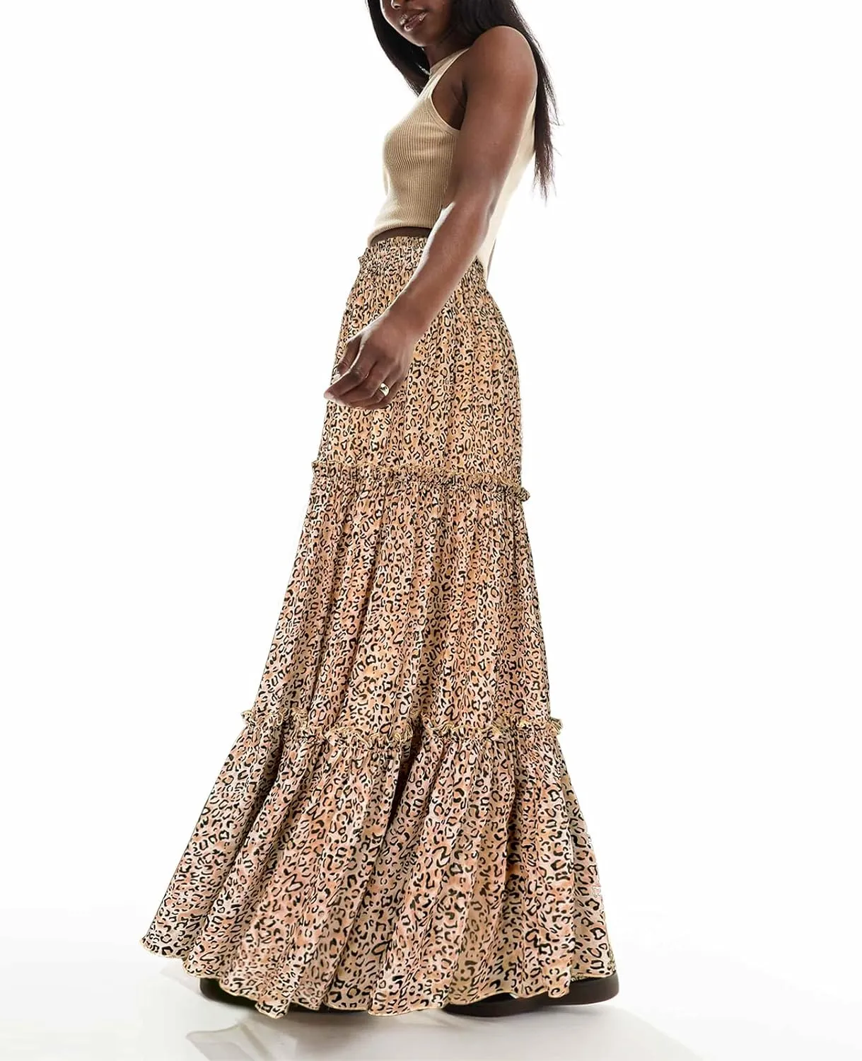 SEBOWEL Womens Leopard Print Long Skirt Cheetah Chiffon Tiered Ruffle Maxi Skirt Pleated A-Line Swing Beach Long Skirts