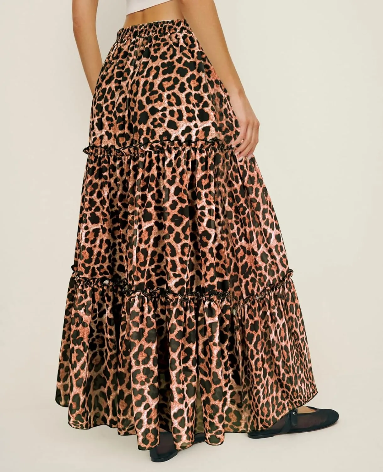 SEBOWEL Womens Leopard Print Long Skirt Cheetah Chiffon Tiered Ruffle Maxi Skirt Pleated A-Line Swing Beach Long Skirts