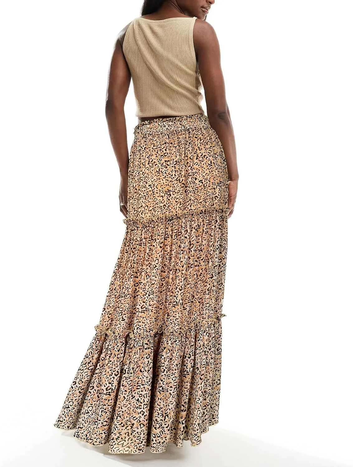 SEBOWEL Womens Leopard Print Long Skirt Cheetah Chiffon Tiered Ruffle Maxi Skirt Pleated A-Line Swing Beach Long Skirts