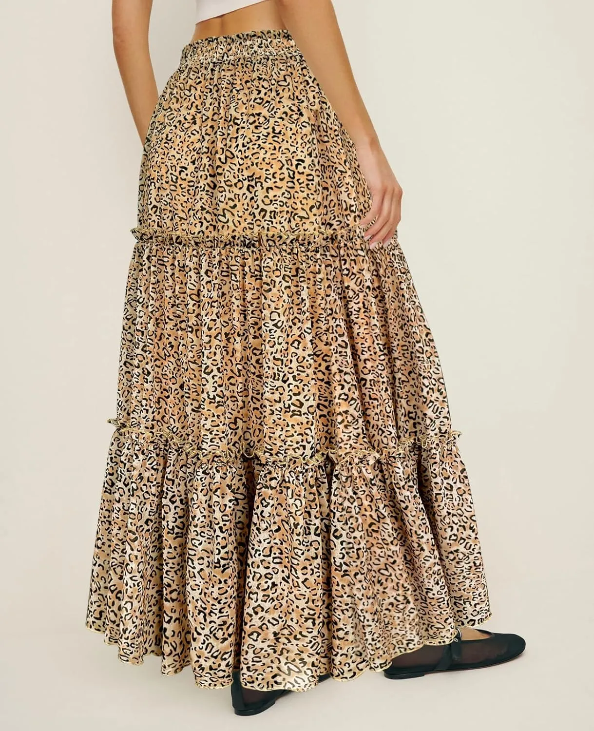 SEBOWEL Womens Leopard Print Long Skirt Cheetah Chiffon Tiered Ruffle Maxi Skirt Pleated A-Line Swing Beach Long Skirts