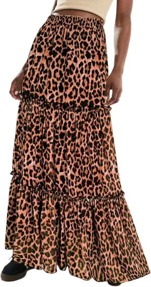 SEBOWEL Womens Leopard Print Long Skirt Cheetah Chiffon Tiered Ruffle Maxi Skirt Pleated A-Line Swing Beach Long Skirts