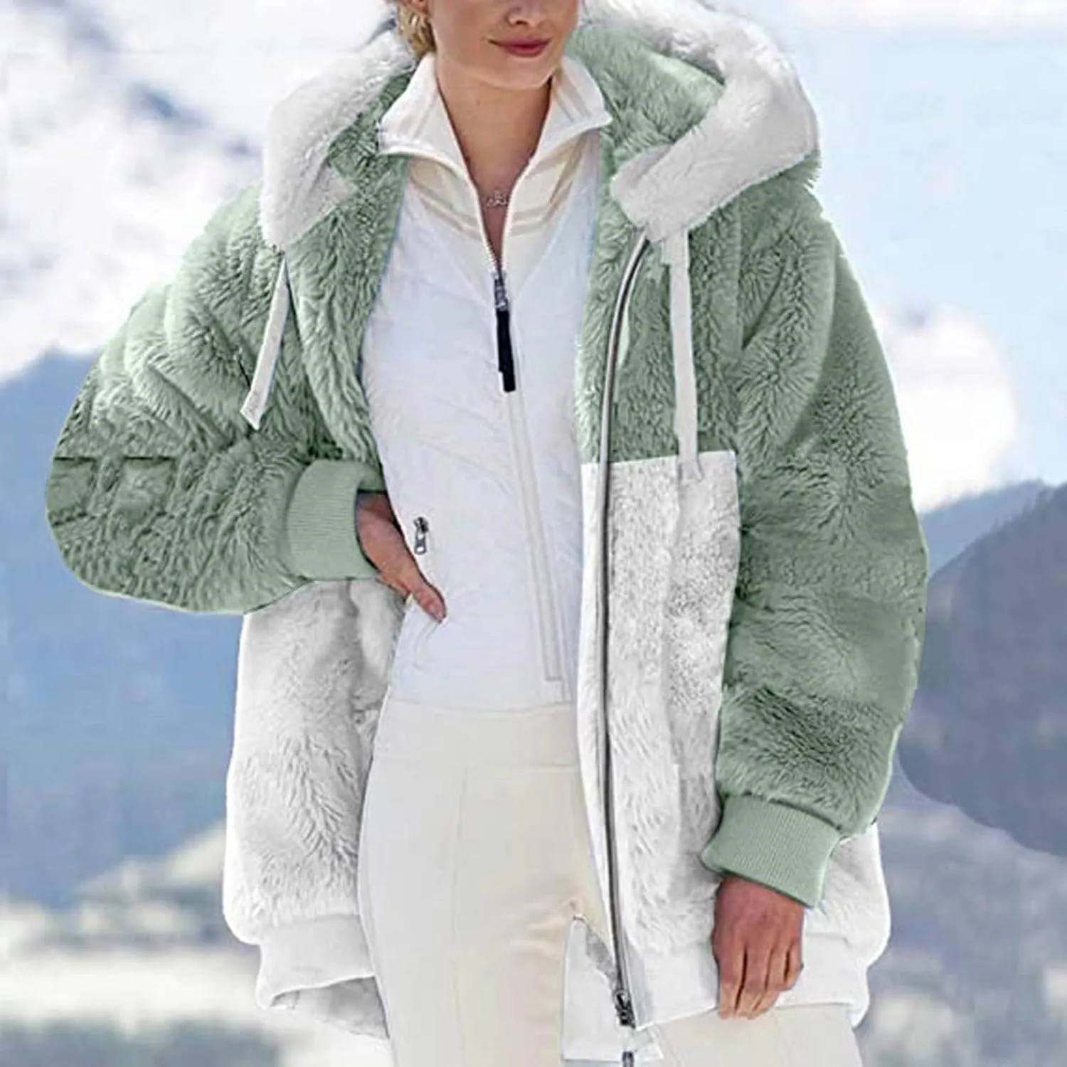 SHAOBGE Jacket Cotton Women's Fashion Casual Patchwork Hooded Zipper Pocket Plush Sweater Jacket Women's Casual Jackets