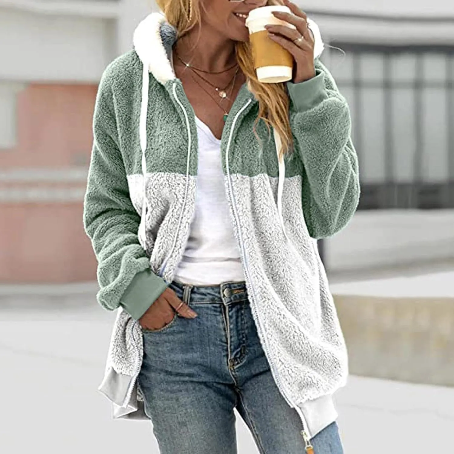 SHAOBGE Jacket Cotton Women's Fashion Casual Patchwork Hooded Zipper Pocket Plush Sweater Jacket Women's Casual Jackets