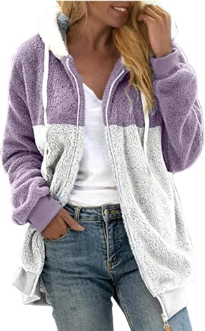SHAOBGE Jacket Cotton Women's Fashion Casual Patchwork Hooded Zipper Pocket Plush Sweater Jacket Women's Casual Jackets
