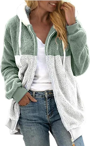 SHAOBGE Jacket Cotton Women's Fashion Casual Patchwork Hooded Zipper Pocket Plush Sweater Jacket Women's Casual Jackets