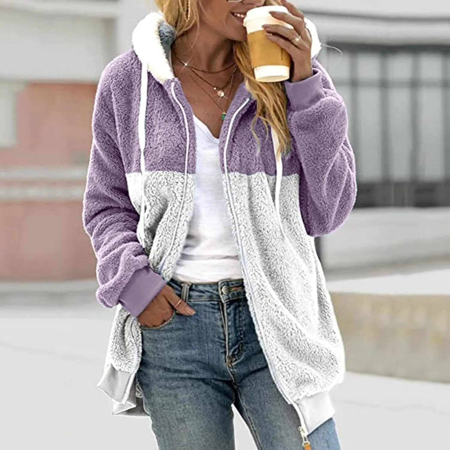 SHAOBGE Jacket Cotton Women's Fashion Casual Patchwork Hooded Zipper Pocket Plush Sweater Jacket Women's Casual Jackets