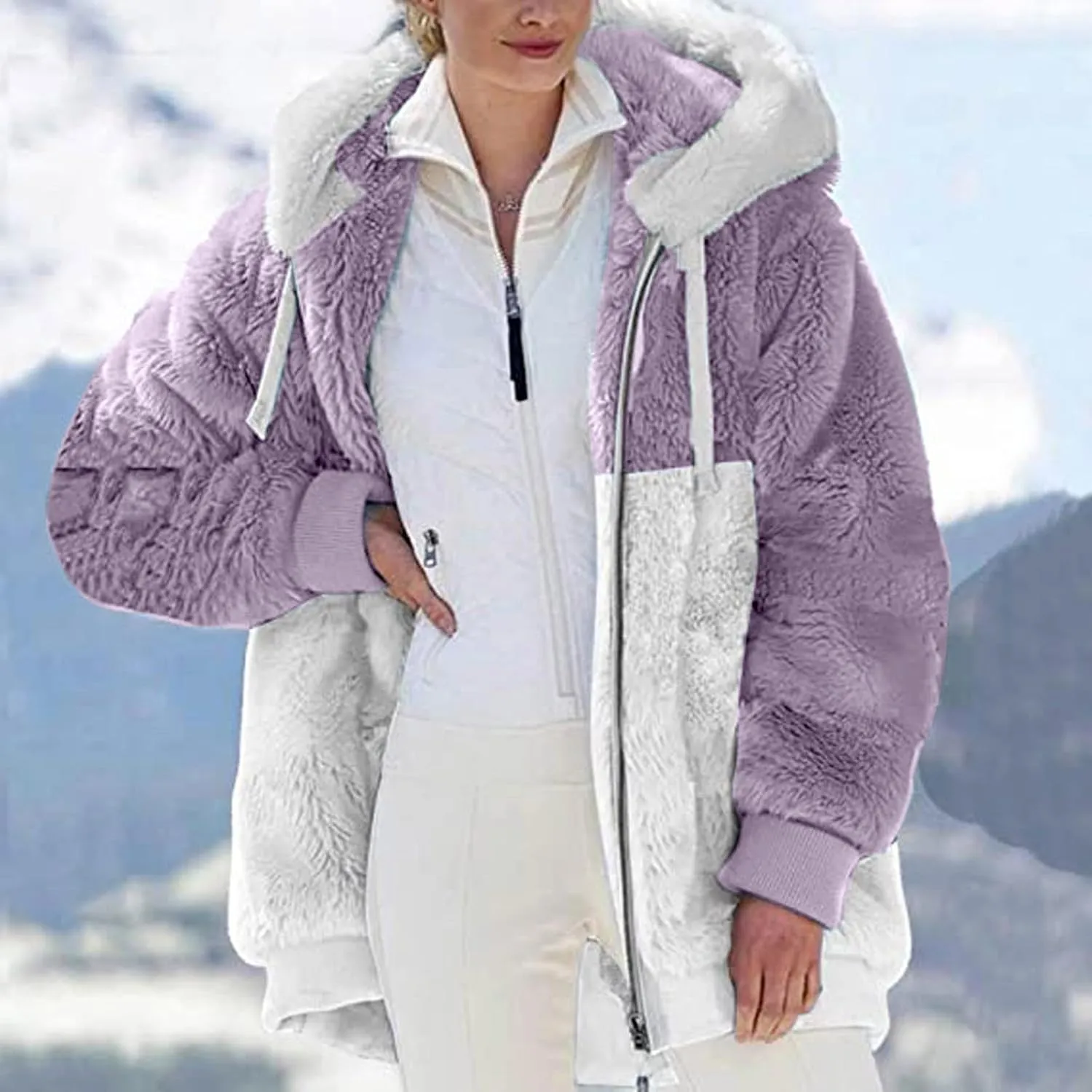 SHAOBGE Jacket Cotton Women's Fashion Casual Patchwork Hooded Zipper Pocket Plush Sweater Jacket Women's Casual Jackets