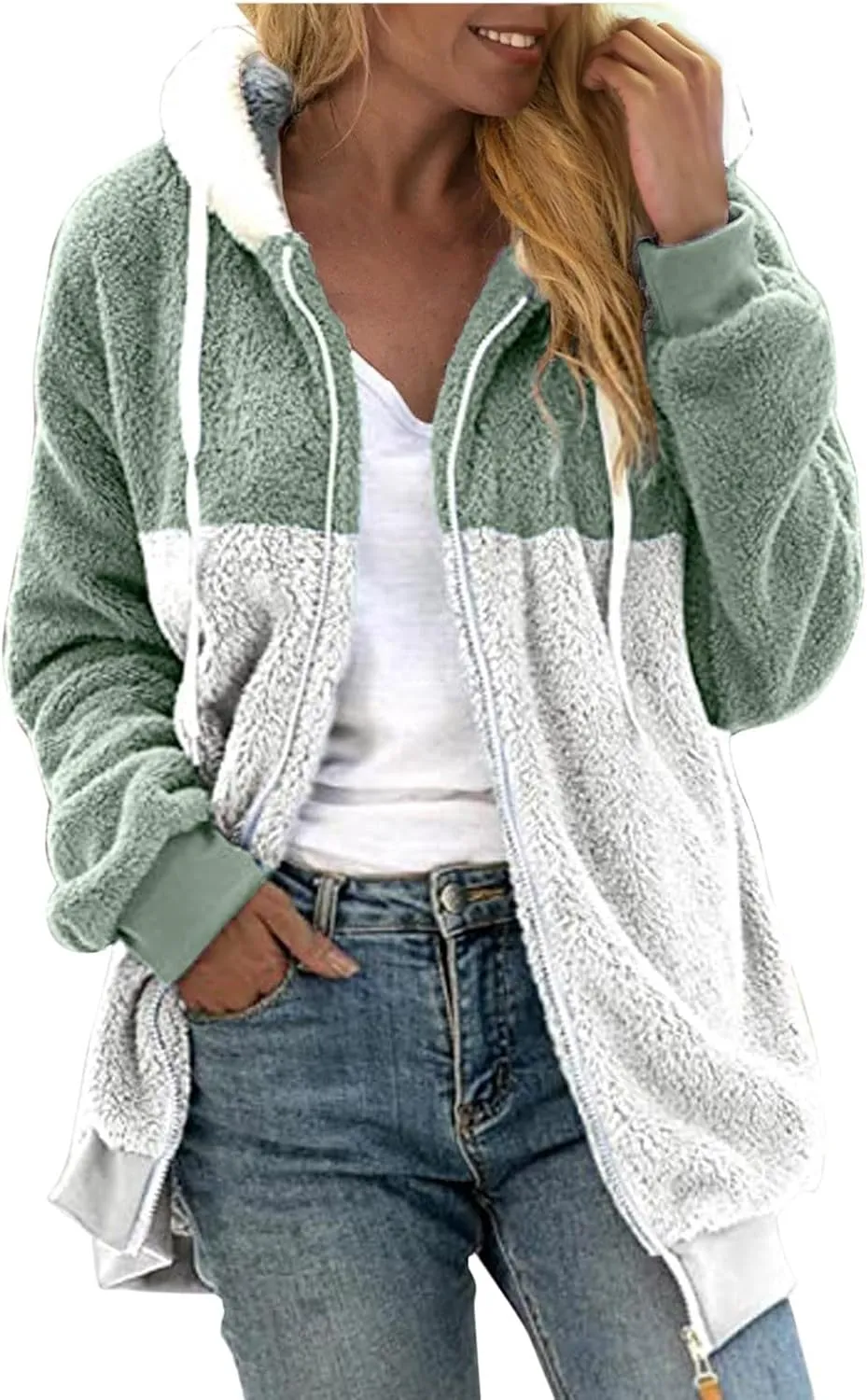 SHAOBGE Jacket Cotton Women's Fashion Casual Patchwork Hooded Zipper Pocket Plush Sweater Jacket Women's Casual Jackets