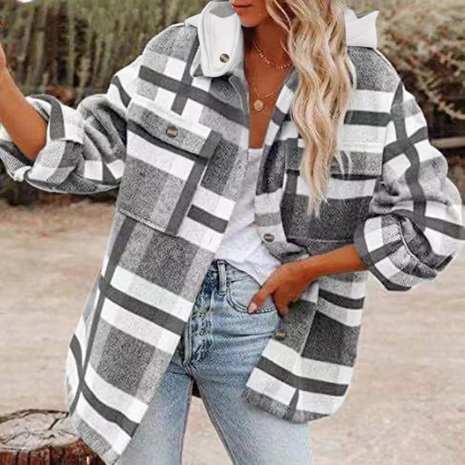 SHAOBGE Womens Plaid Shacket Fall Jacket Fleece Lined Button Down Peacoats Plaid Lapel Casual Coats Y2K Shirt Jackets 2023
